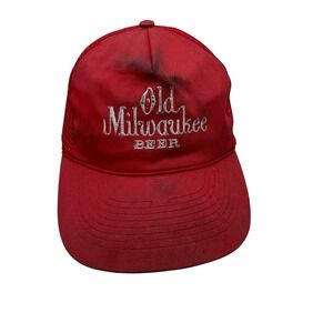 Vtg Old Milwaukee Beer Trucker Hat Red Mesh Snapback Distressed Thrashed sots